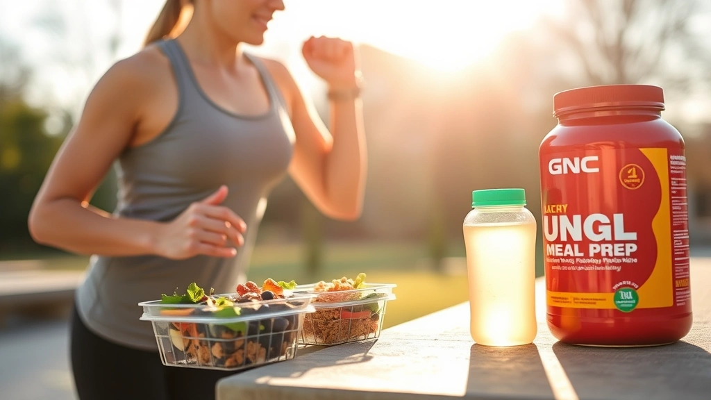 Active person exercising outdoors with healthy meal prep containers and GNC protein shake nearby, morning sunlight, energetic wellness atmosphere