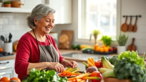 Healthy Greensboro resident preparing colorful vegetable meal with fresh produce in bright kitchen, smiling, natural morning light, wholesome food preparation scene