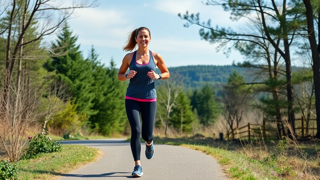 Active woman in athletic wear walking or jogging on scenic Greensboro trail or park path, surrounded by trees and natural landscape, energetic and healthy