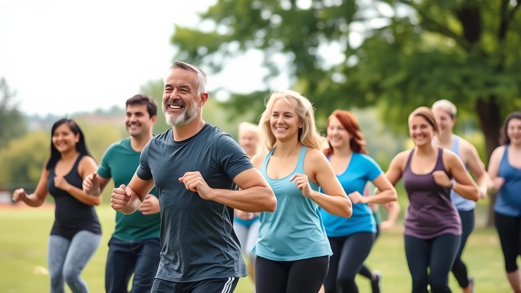 Diverse group of people doing group fitness class or outdoor exercise activity in Greensboro, smiling and supportive community wellness environment