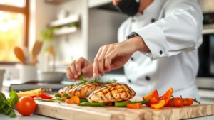 Professional chef in modern kitchen preparing grilled chicken breast with fresh herbs and colorful vegetables, natural lighting, healthy meal preparation