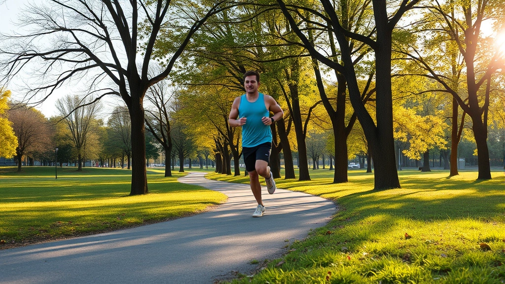 Person jogging outdoors on sunny morning through park with trees, athletic wear, energetic movement, natural landscape background
