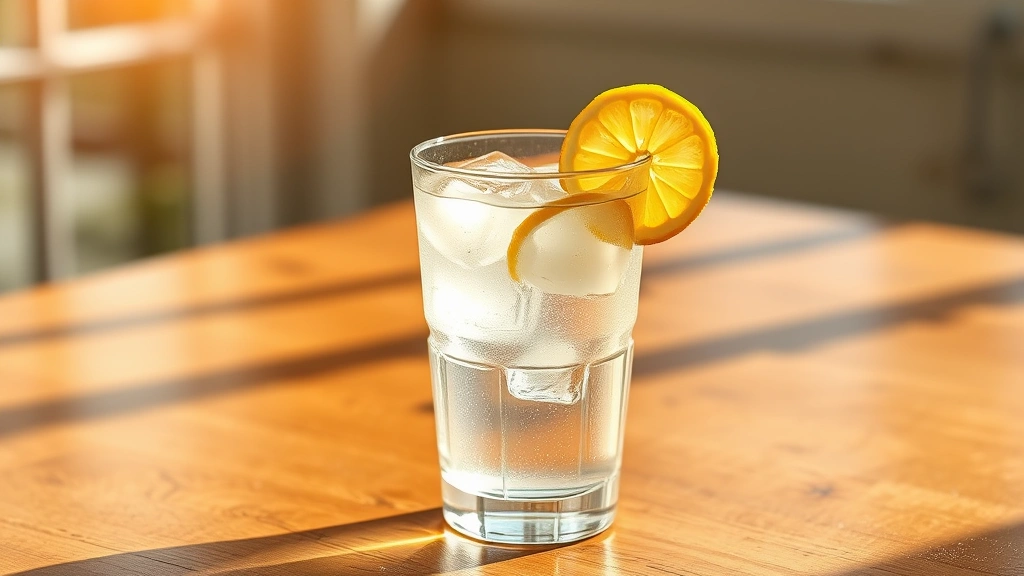 Glass of water with fresh lemon slice and ice cubes on wooden table, hydration focus, wellness aesthetic, morning sunlight