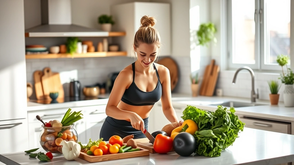 Woman in athletic wear preparing fresh vegetables and lean protein sources in a bright, modern kitchen with natural sunlight streaming through windows, healthy ingredients visible on counter