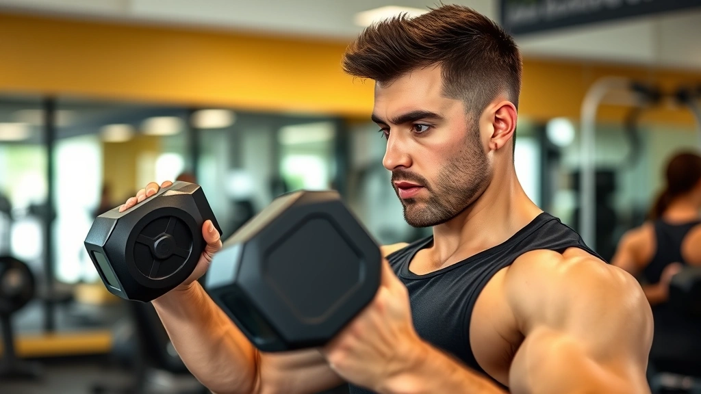 Person performing strength training exercise with dumbbells in a gym environment, focused and determined expression, professional fitness setting with mirrors and equipment in background