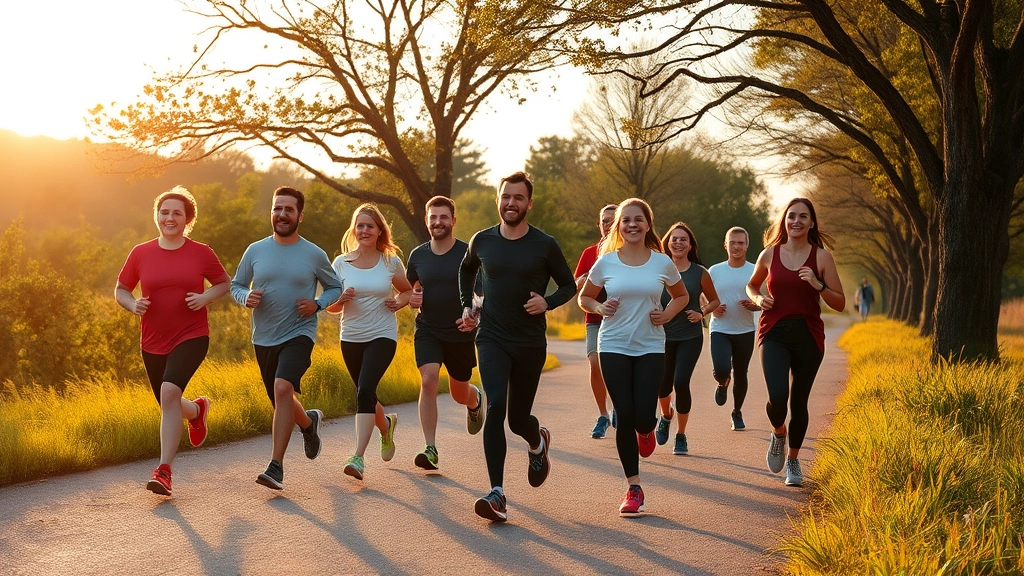 Diverse group of people jogging together outdoors on a tree-lined path during golden hour, smiling and energetic, natural landscape with green vegetation and clear sky