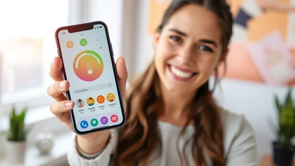 Woman smiling while holding smartphone showing app interface, bright wellness-themed background, professional photo quality, healthy lifestyle aesthetic