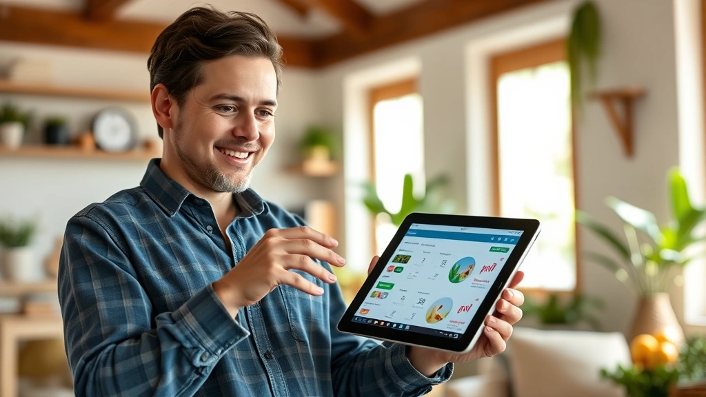 Person reviewing progress on tablet with nutritional tracking visible, natural indoor lighting, positive expression, health-focused environment