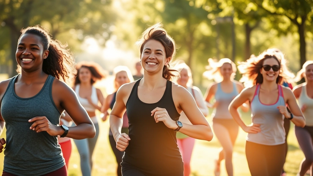 Group of diverse people exercising outdoors, morning sunlight, genuine happiness, fitness and wellness in progress, supportive community atmosphere