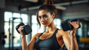 Athletic woman in gym performing dumbbell exercise with proper form, bright natural lighting, focused determined expression, fitness-focused setting