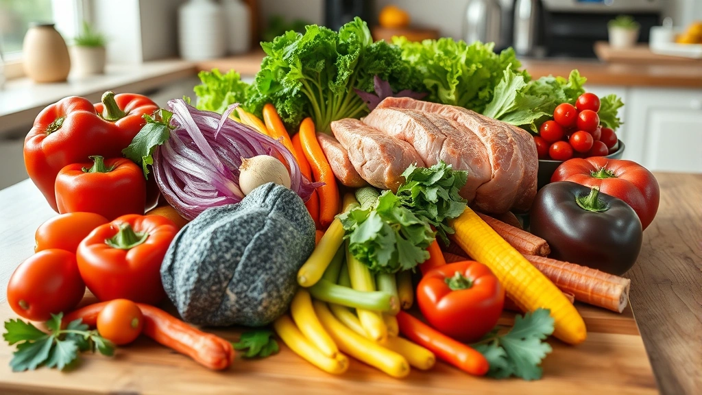 Colorful fresh vegetables and lean protein sources arranged on wooden table, natural kitchen lighting, whole foods composition, health-focused presentation
