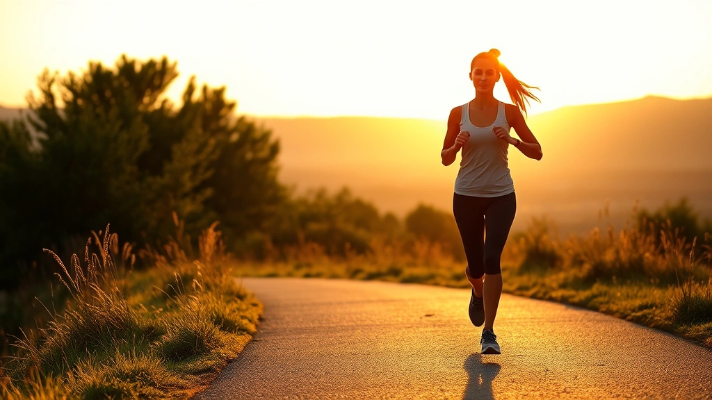 Woman jogging outdoors on scenic path during golden hour, active movement, healthy lifestyle, nature background, wellness-focused imagery
