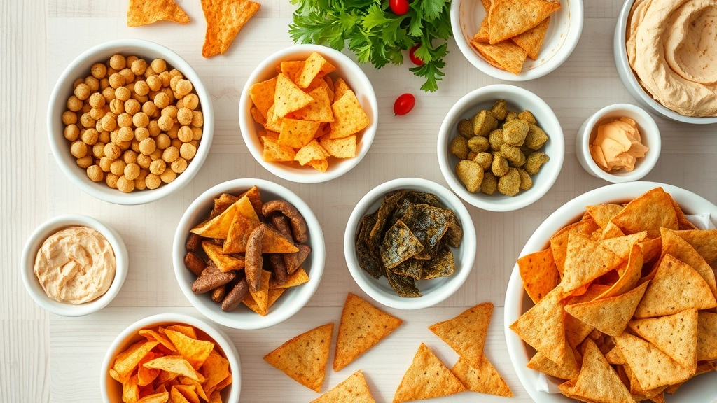 Overhead shot of assorted healthy snack chips in small white bowls—chickpea chips, lentil chips, seaweed snacks, and whole grain tortilla chips arranged on a light wooden table with fresh vegetables and hummus dip nearby, natural daylight, warm tones