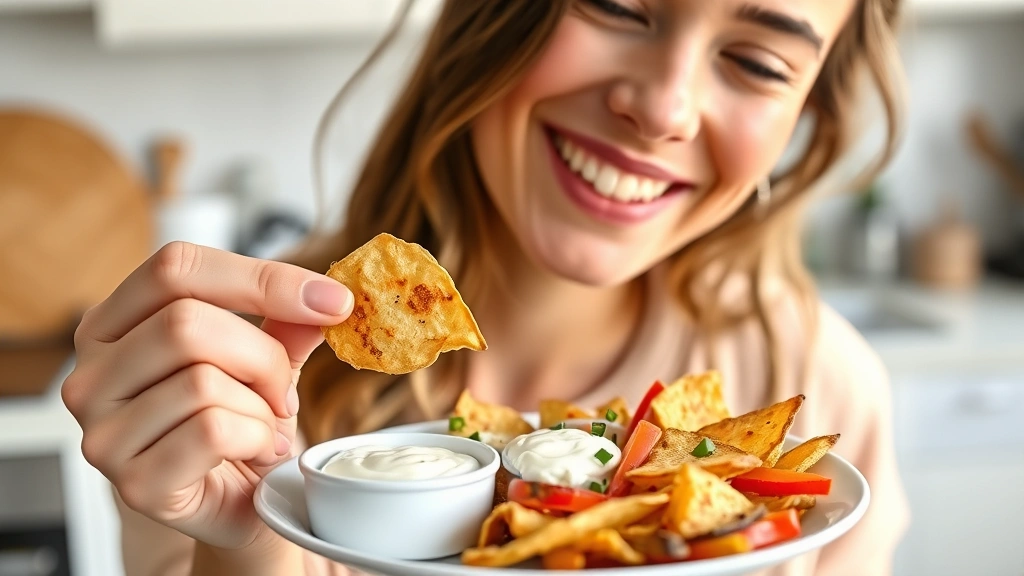 Close-up of a woman smiling while holding a small portion of healthy chips with Greek yogurt dip and fresh vegetables on a white plate, bright kitchen setting, natural lighting, wellness-focused