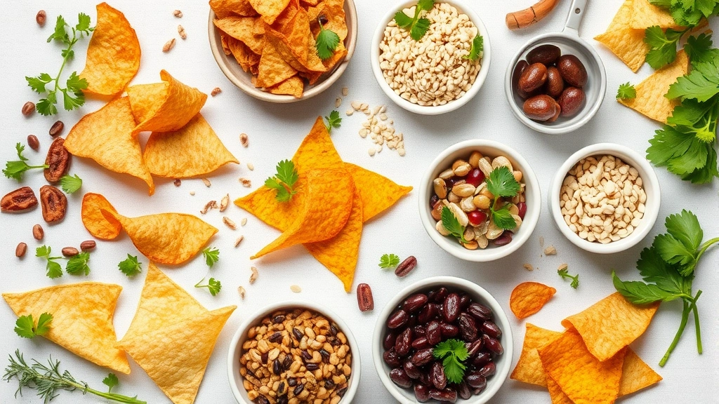 Flat lay of nutritious chip varieties with their ingredients visible—whole grains, legumes, vegetables—arranged artfully with fresh herbs and measuring portions in small bowls, clean aesthetic, health-focused composition