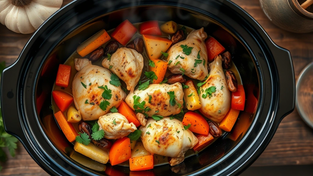 Overhead shot of colorful slow cooker chicken and vegetable medley with fresh herbs, steam rising, warm lighting, rustic kitchen setting