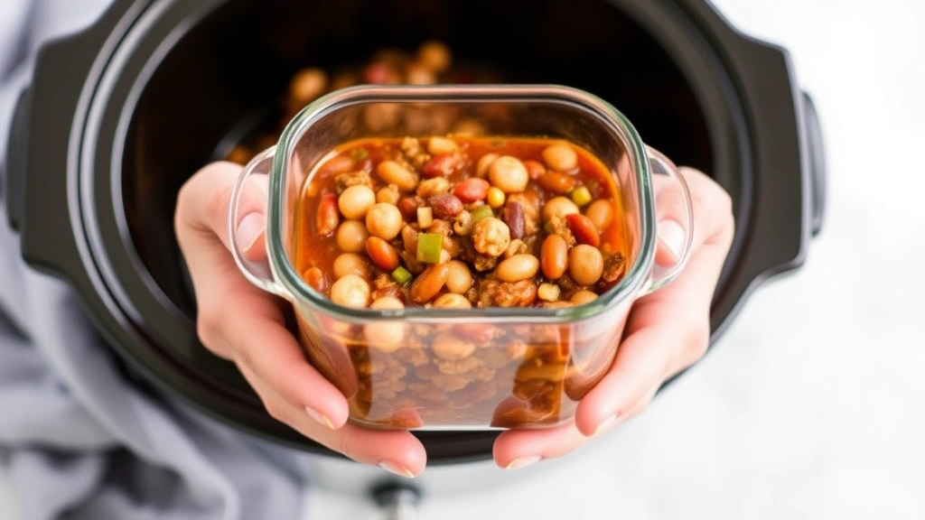 Hands holding a portion-controlled glass container of slow cooker turkey chili with beans and vegetables, meal prep organization visible