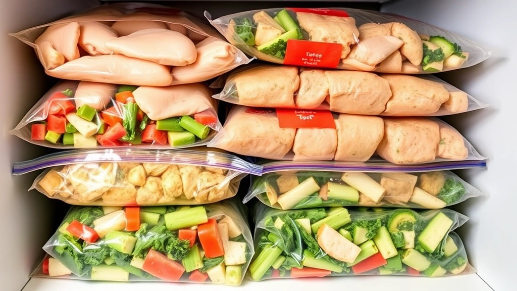 Assembled freezer bags with pre-portioned slow cooker ingredients—chicken, vegetables, herbs—neatly stacked in freezer, organized meal prep