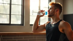 Athletic man drinking water from bottle after morning workout, natural sunlight streaming through window, fitness-focused wellness setting