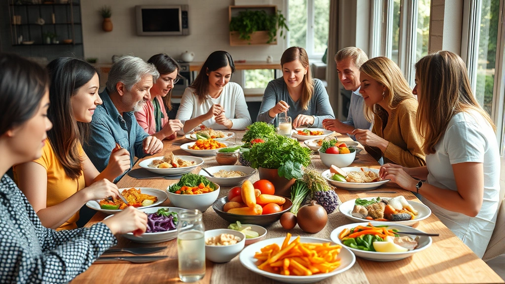 Diverse group of people eating healthy balanced meals together at table, colorful vegetables and proteins visible, natural lighting and warm atmosphere