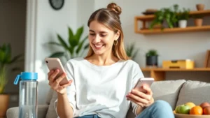 Woman smiling while using smartphone app for virtual health consultation, sitting at home with water bottle and healthy snacks nearby, bright natural lighting, wellness environment