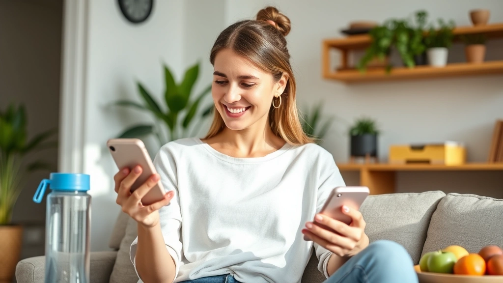 Woman smiling while using smartphone app for virtual health consultation, sitting at home with water bottle and healthy snacks nearby, bright natural lighting, wellness environment