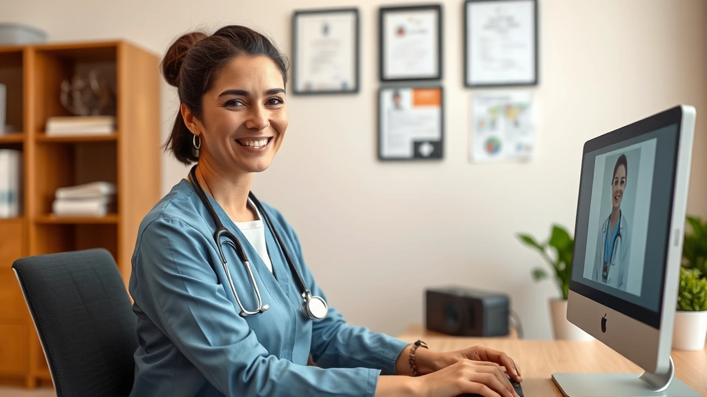 Female healthcare provider in professional attire having video call on computer, warm office setting with medical certificates on wall, caring expression, modern telehealth setup
