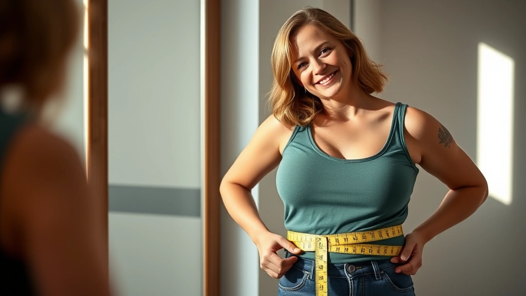 Woman holding small measuring tape around waist, looking pleased at mirror reflection, morning natural light, wellness and progress theme, photorealistic health imagery