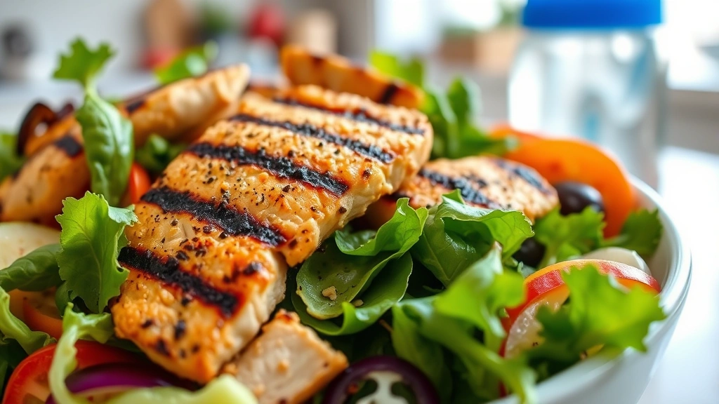 Close-up of colorful salad bowl with grilled chicken, leafy greens, vibrant vegetables, water bottle nearby, healthy eating concept, bright kitchen setting