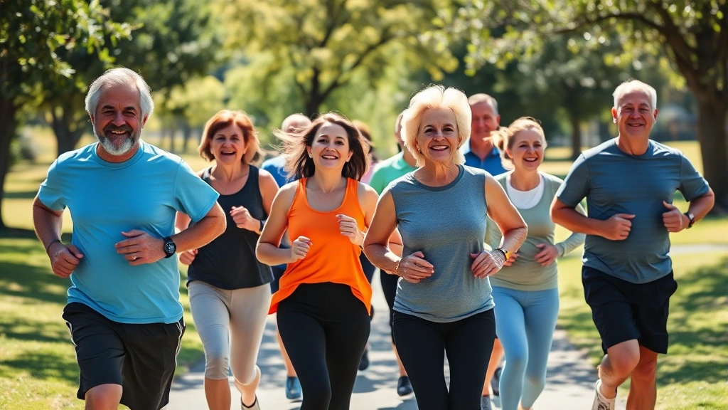 Diverse group of people of different ages jogging together in sunny park, smiling and energetic, supportive community atmosphere, outdoor fitness scene
