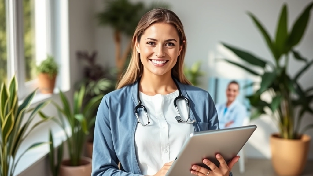 Woman in bright wellness environment holding tablet, video call with healthcare provider on screen, professional setting with plants, natural lighting, confident expression