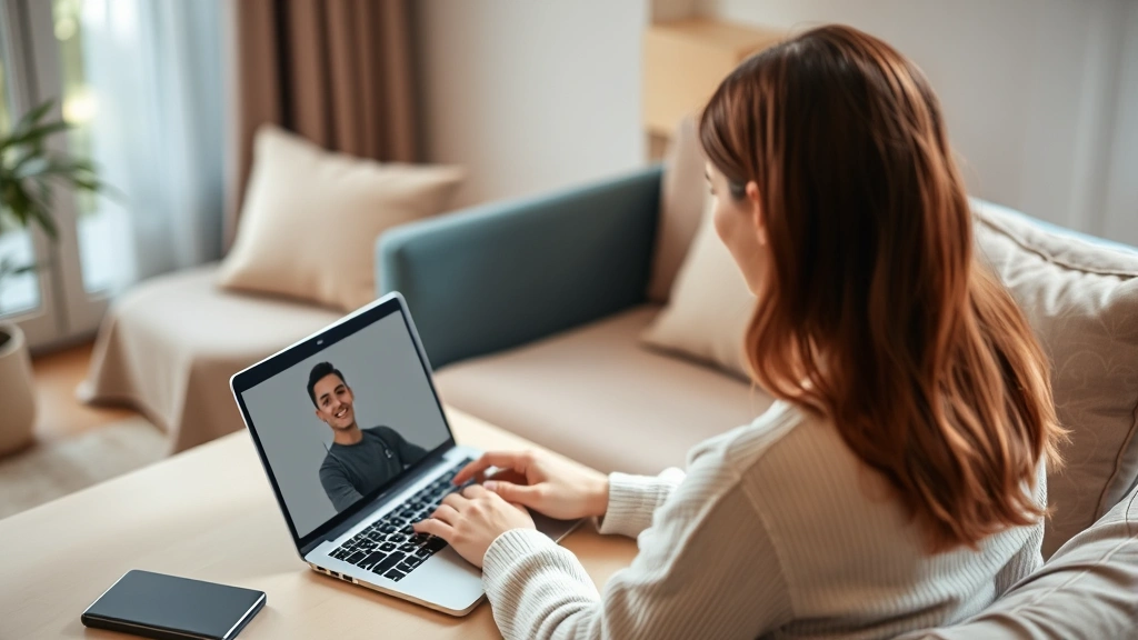 Person receiving telehealth consultation on laptop, comfortable home setting, notebook for health tracking visible, warm neutral tones, modern minimalist desk space