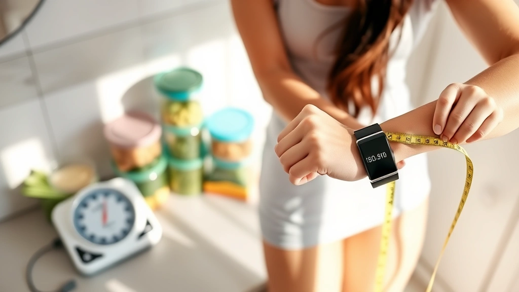 Woman measuring progress with tape measure, bathroom scale nearby, fitness tracker on wrist, healthy meal prep containers in background, natural morning light