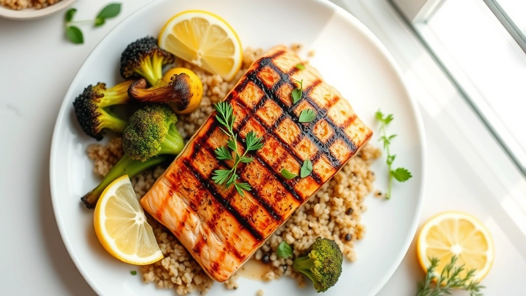 Overhead shot of a vibrant grilled salmon fillet with roasted broccoli and quinoa on a white ceramic plate, garnished with lemon wedges and fresh herbs, natural lighting from window