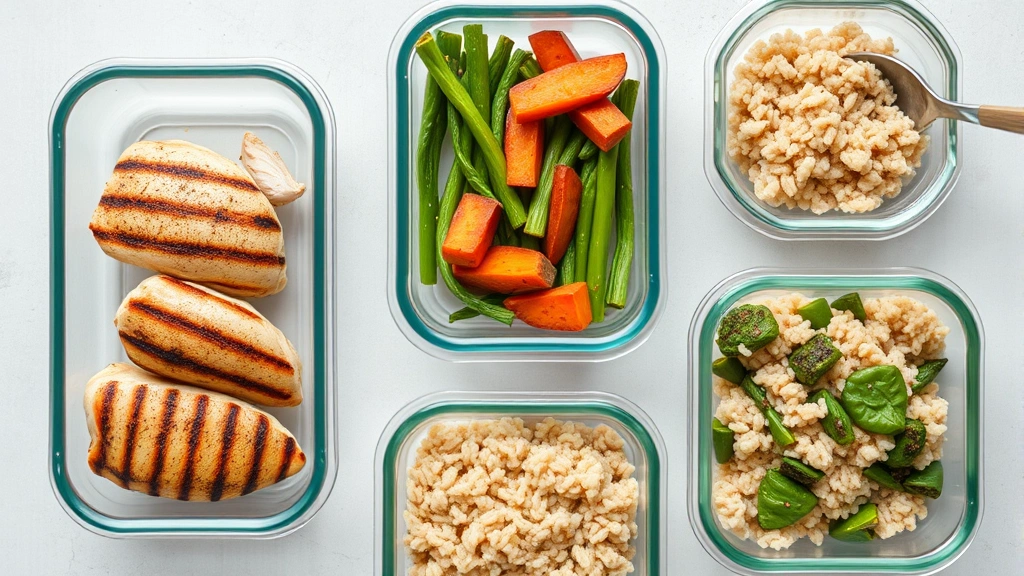 Flat lay of prepared meal prep containers showing grilled chicken breast, roasted sweet potato, fresh green vegetables, and brown rice, arranged neatly in glass storage containers with wooden utensils nearby
