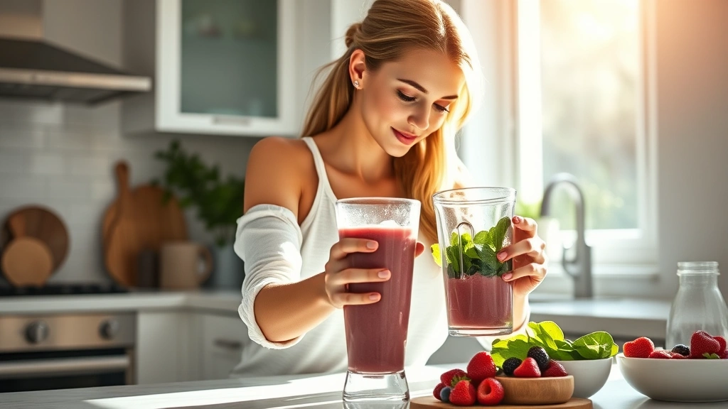 Photorealistic image of a woman blending a protein shake with fresh berries, spinach, and milk in a modern kitchen, sunlight streaming through the window, healthy and vibrant atmosphere
