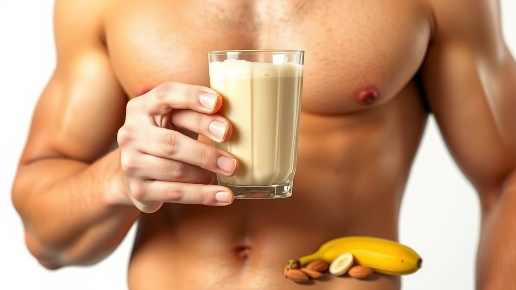 Photorealistic image of a fit person holding a glass of creamy protein shake with visible foam, fresh ingredients like almonds and banana beside the glass, clean white background