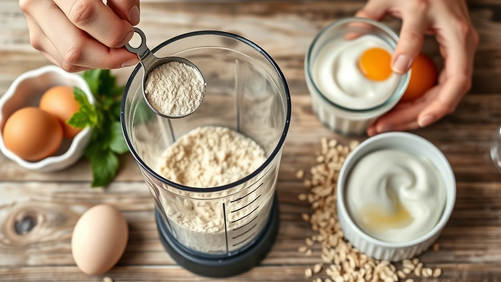 Photorealistic image of someone measuring protein powder with a scoop into a blender container, fresh whole foods visible nearby including eggs, Greek yogurt, and oats on wooden surface