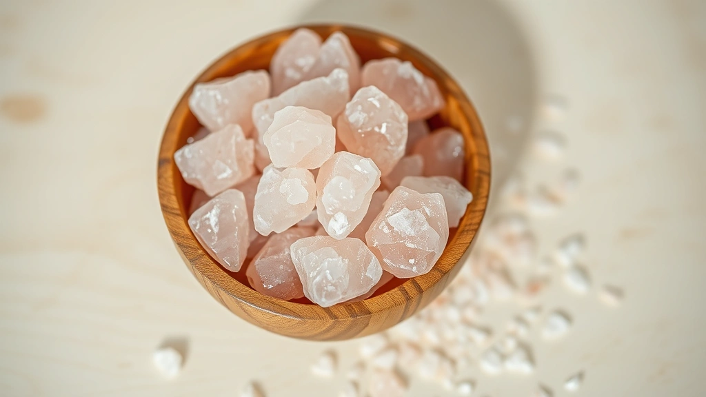 Close-up of pink Himalayan salt crystals in a wooden bowl with scattered crystals on a light wooden surface, natural lighting, minimalist composition, wellness aesthetic