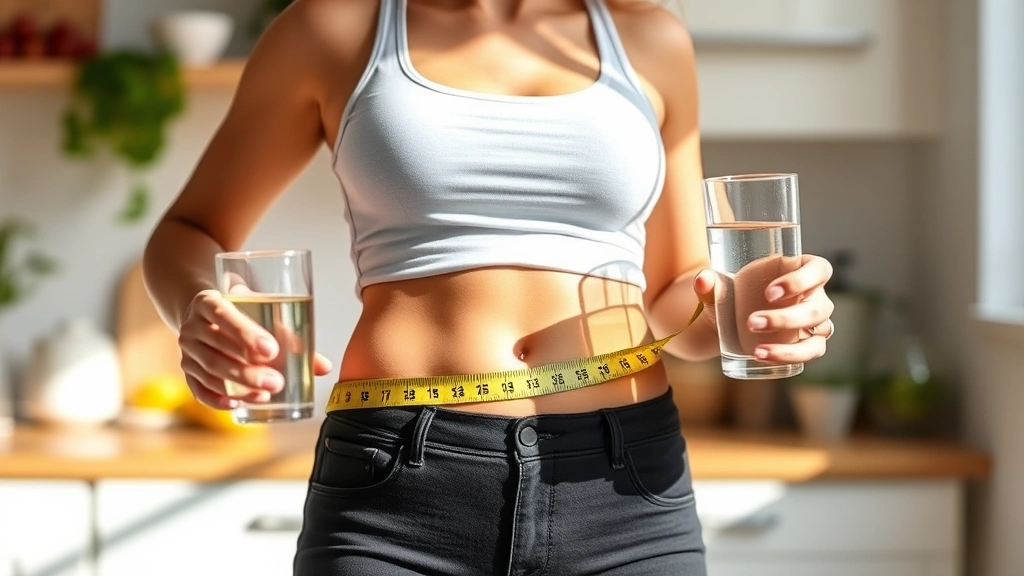 Woman measuring her waist with a tape measure while holding a water glass, standing in a bright kitchen, healthy lifestyle context, natural sunlight, positive expression