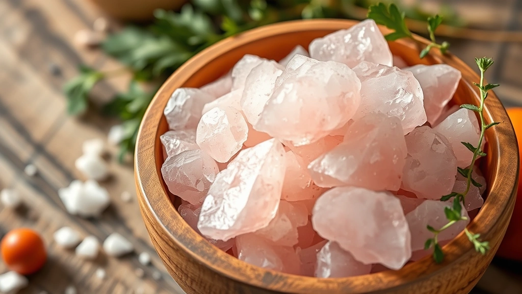 Close-up of pink Himalayan salt crystals in a wooden bowl with fresh herbs and vegetables nearby, natural lighting, wellness aesthetic, health-focused composition
