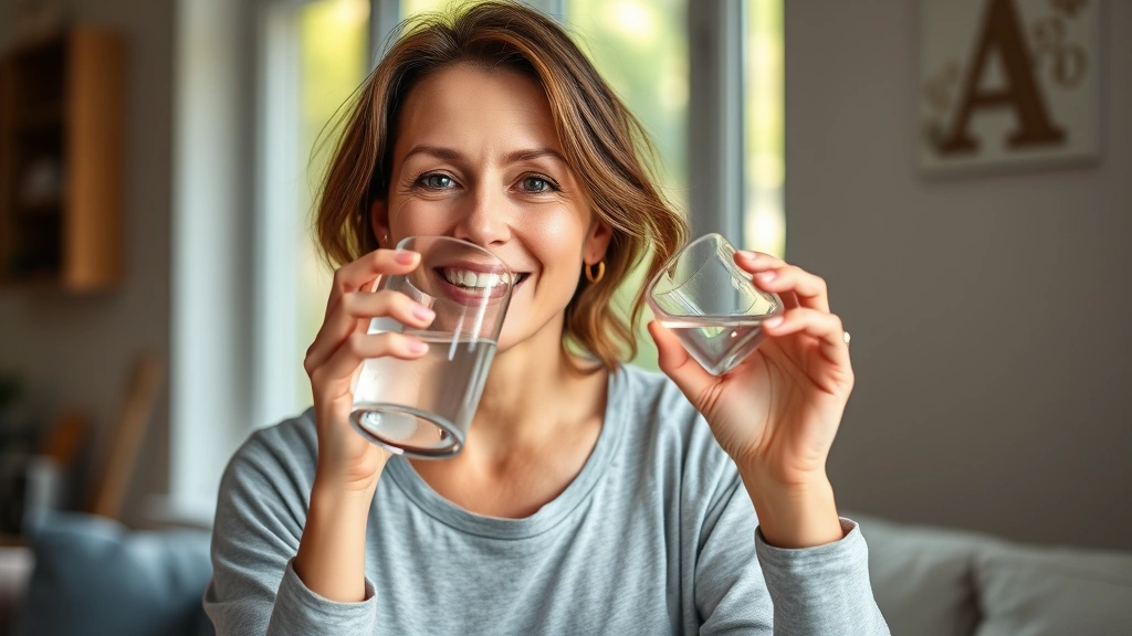 Woman drinking water from a glass at home, smiling, natural lighting through window, hydration and wellness theme, healthy lifestyle context
