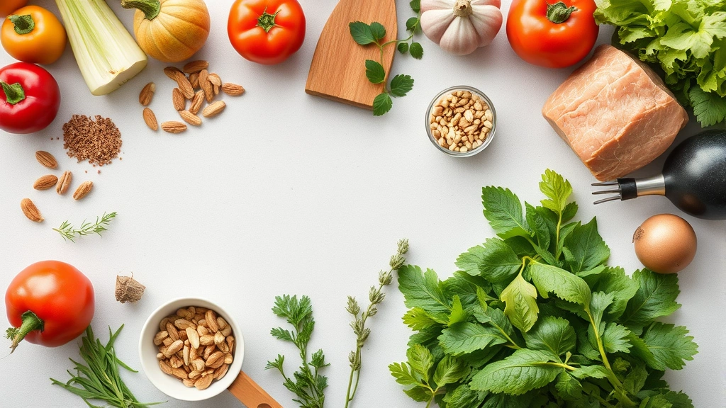 Overhead flat lay of fresh whole foods including vegetables, lean protein, nuts, and herbs arranged on a light surface, nutritious meal planning visual, no text or labels visible