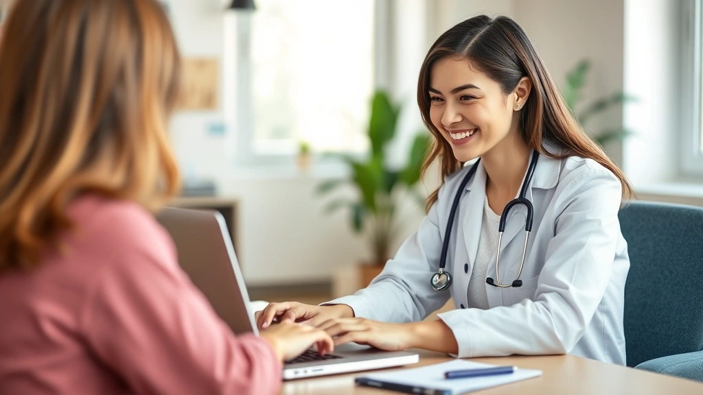 Woman video calling with healthcare provider on laptop, smiling, modern home office setting, professional telemedicine consultation aesthetic, natural lighting, warm tones