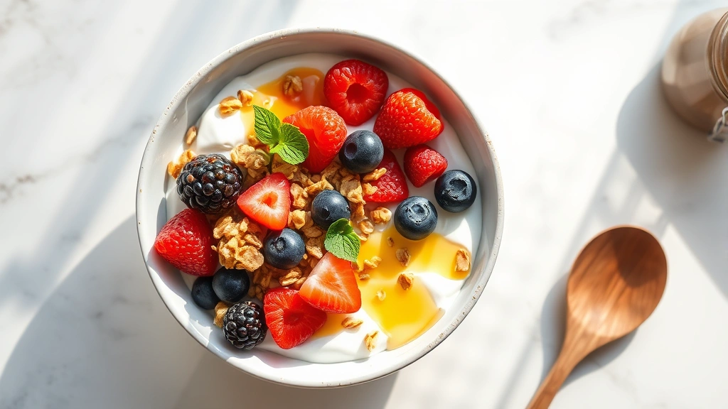 Overhead view of a colorful breakfast bowl with Greek yogurt, mixed berries, granola, and honey drizzle on a bright kitchen counter with natural morning light streaming in