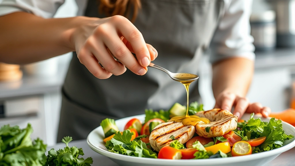 Close-up of a nutritionist preparing a high-protein salad with grilled chicken breast, fresh mixed vegetables, and olive oil dressing in a modern kitchen setting