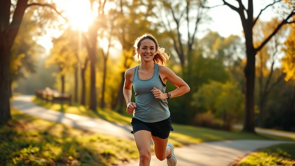 Person jogging outdoors on sunny morning with trees, energetic and motivated expression, athletic wear, natural lighting, peaceful wellness setting