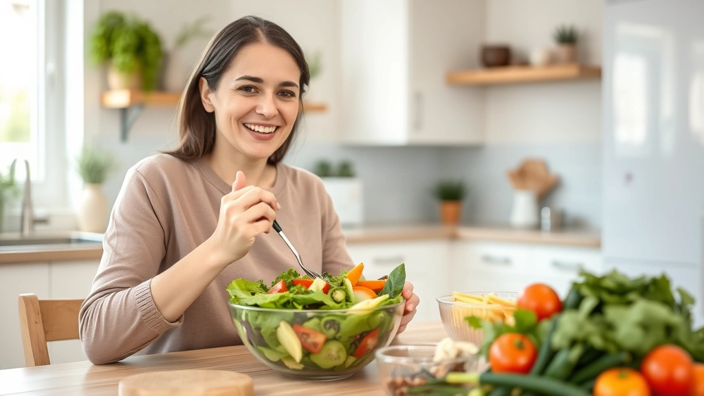 Woman eating healthy salad bowl at bright kitchen table, fresh vegetables, natural morning light, genuine smile, nutritious meal preparation
