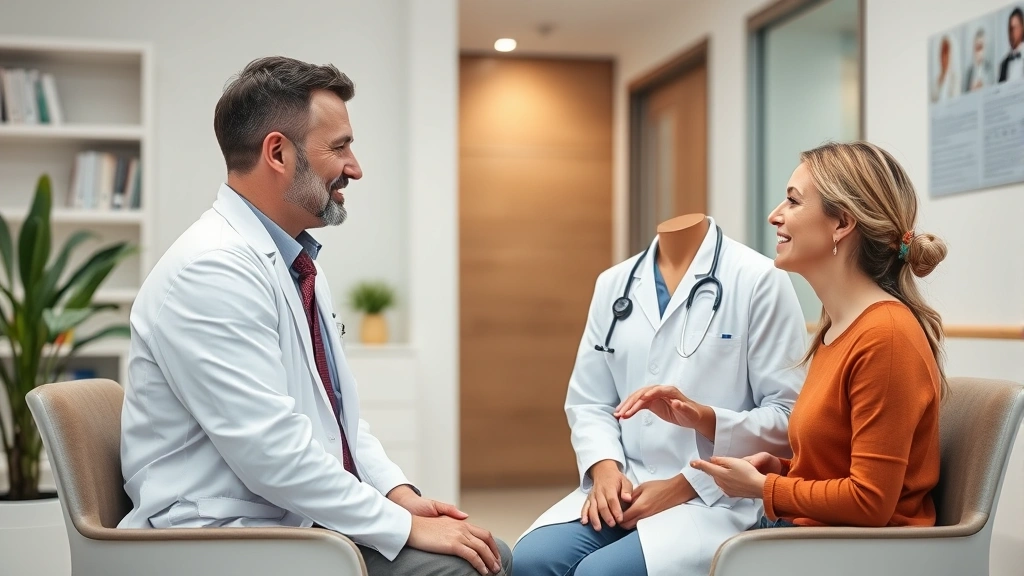 Man and woman consulting with female doctor in modern clinic office, friendly professional healthcare discussion about treatment options