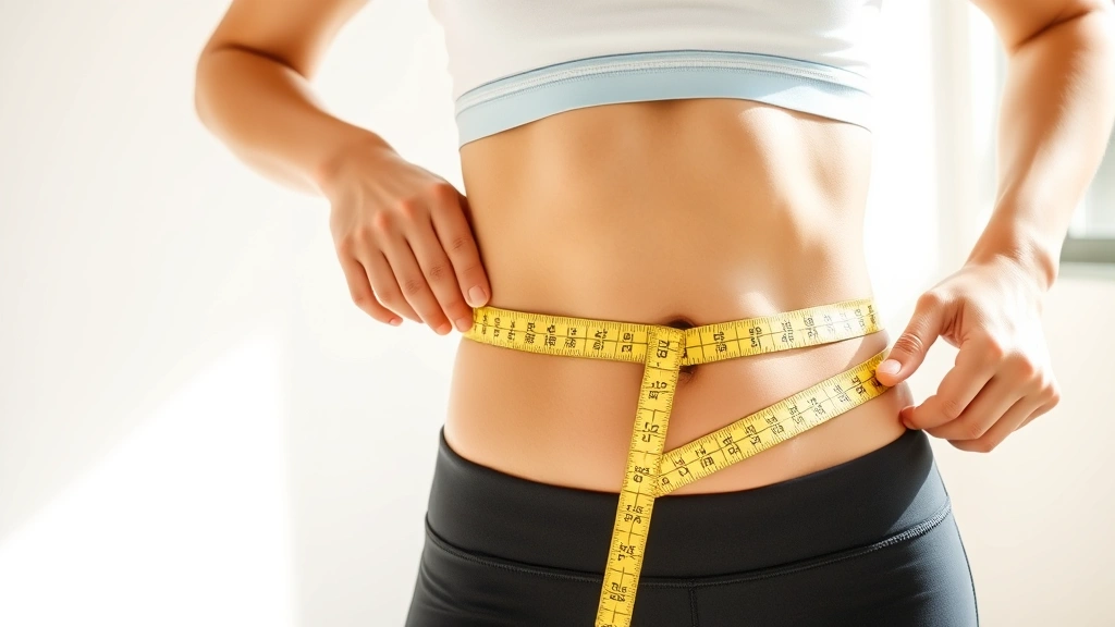 Person measuring waist with tape measure, smiling, wearing comfortable workout clothes, bright natural lighting, healthy wellness setting